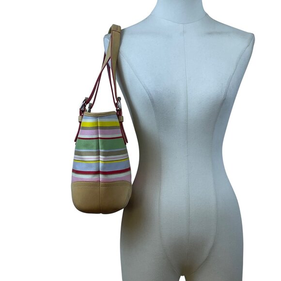 Coach Women’s Multicolor Canvas & Leather Striped With Daisy Charm Tote Bag Sz M - Picture 8 of 15